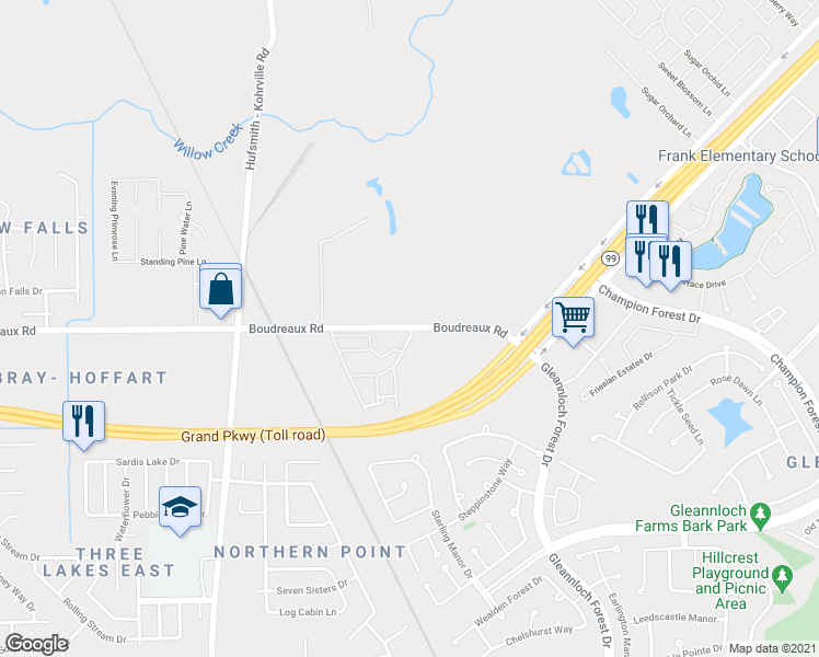 map of restaurants, bars, coffee shops, grocery stores, and more near 10921 Boudreaux Road in Tomball