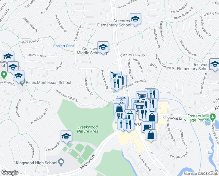 map of restaurants, bars, coffee shops, grocery stores, and more near 3915 Rustic Woods Dr in Houston