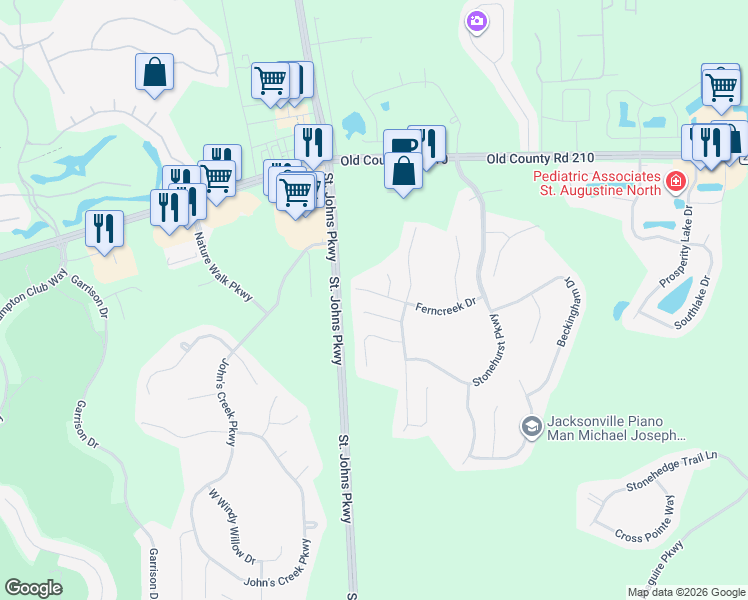 map of restaurants, bars, coffee shops, grocery stores, and more near 2312 Aberford Court in St. Augustine