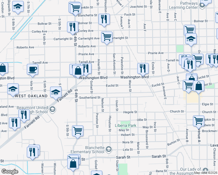 map of restaurants, bars, coffee shops, grocery stores, and more near 2420 Harriot Street in Beaumont