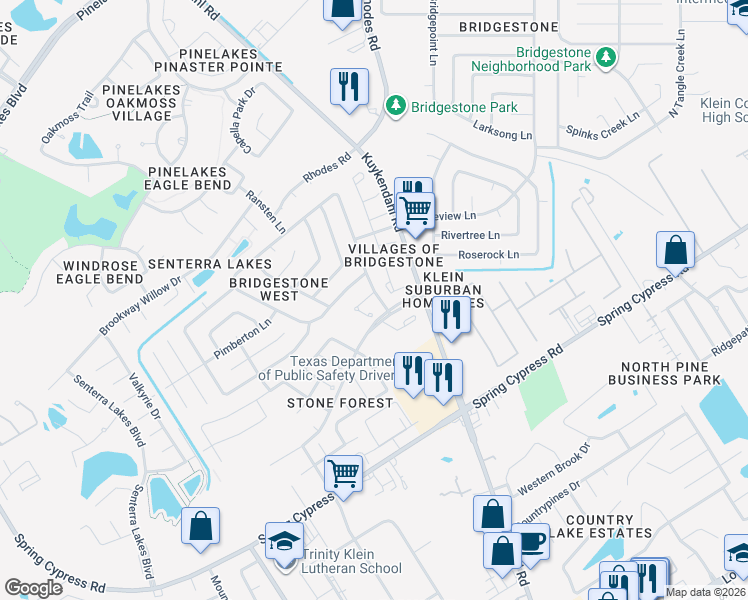 map of restaurants, bars, coffee shops, grocery stores, and more near 5114 Beaubridge Lane in Spring