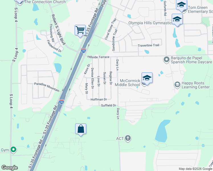 map of restaurants, bars, coffee shops, grocery stores, and more near 404 Regina Drive in Buda