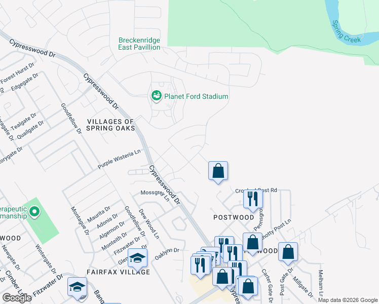 map of restaurants, bars, coffee shops, grocery stores, and more near 23515 Cypresswood Drive in Spring
