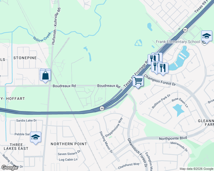 map of restaurants, bars, coffee shops, grocery stores, and more near 10923 Boudreaux Road in Spring