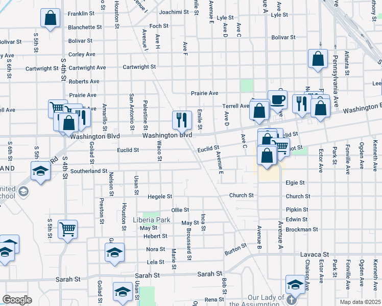 map of restaurants, bars, coffee shops, grocery stores, and more near 1997 Harriot Street in Beaumont