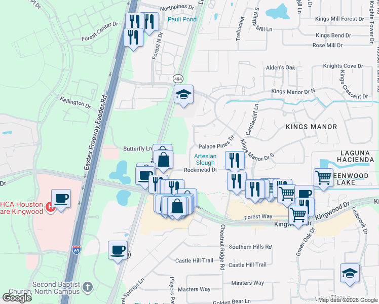 map of restaurants, bars, coffee shops, grocery stores, and more near 605 Rockmead Drive in Humble
