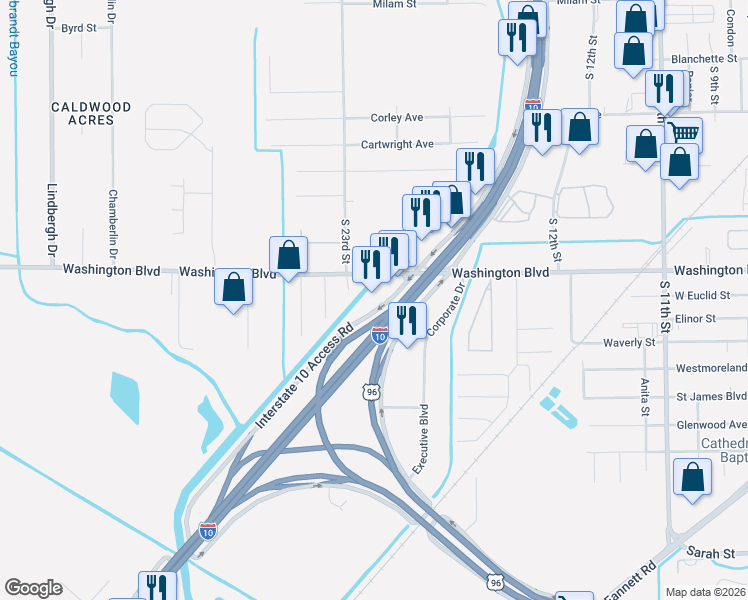map of restaurants, bars, coffee shops, grocery stores, and more near 2290 Interstate 10 South in Beaumont