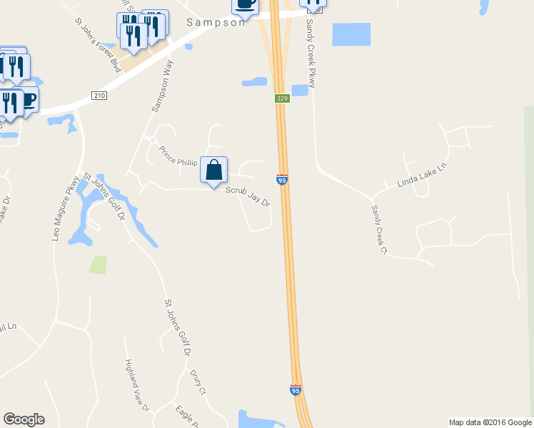 map of restaurants, bars, coffee shops, grocery stores, and more near 742 Scrub Jay Drive in Saint Augustine
