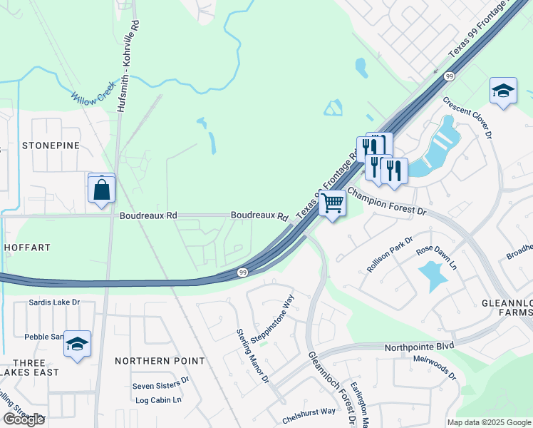 map of restaurants, bars, coffee shops, grocery stores, and more near 10921 Boudreaux Road in Tomball
