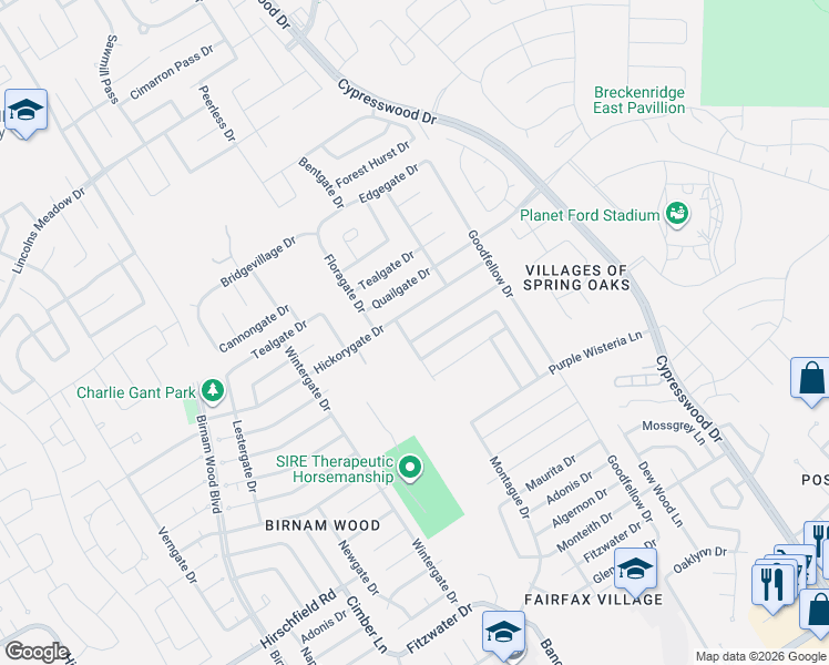 map of restaurants, bars, coffee shops, grocery stores, and more near Montague Drive in Spring