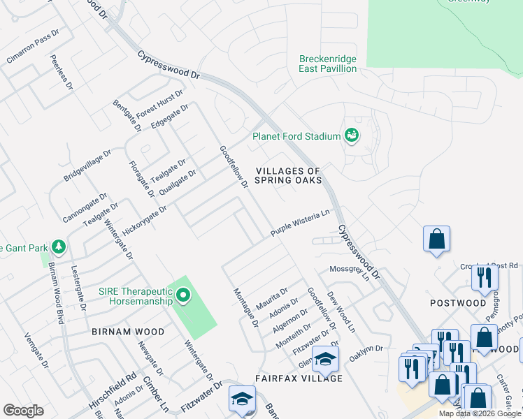 map of restaurants, bars, coffee shops, grocery stores, and more near 23662 Goodfellow Drive in Spring