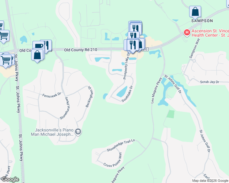 map of restaurants, bars, coffee shops, grocery stores, and more near 1100 Lake George Court in St. Augustine
