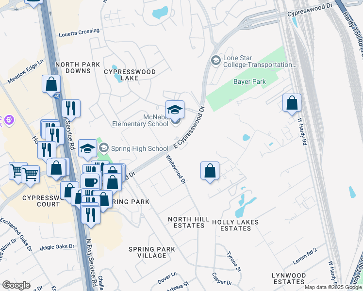 map of restaurants, bars, coffee shops, grocery stores, and more near 743 East Cypresswood Drive in Spring