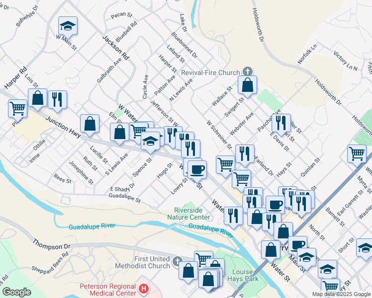 map of restaurants, bars, coffee shops, grocery stores, and more near 316 Powell Avenue in Kerrville