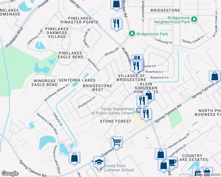 map of restaurants, bars, coffee shops, grocery stores, and more near 5206 Rivertree Lane in Spring