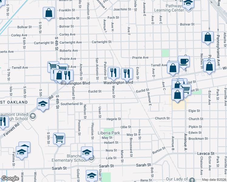 map of restaurants, bars, coffee shops, grocery stores, and more near 3098 Waco Street in Beaumont