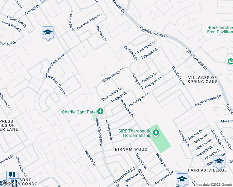 map of restaurants, bars, coffee shops, grocery stores, and more near 24003 Rockygate Drive in Spring