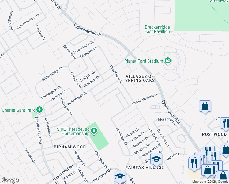 map of restaurants, bars, coffee shops, grocery stores, and more near 23718 Buttress Root Drive in Spring