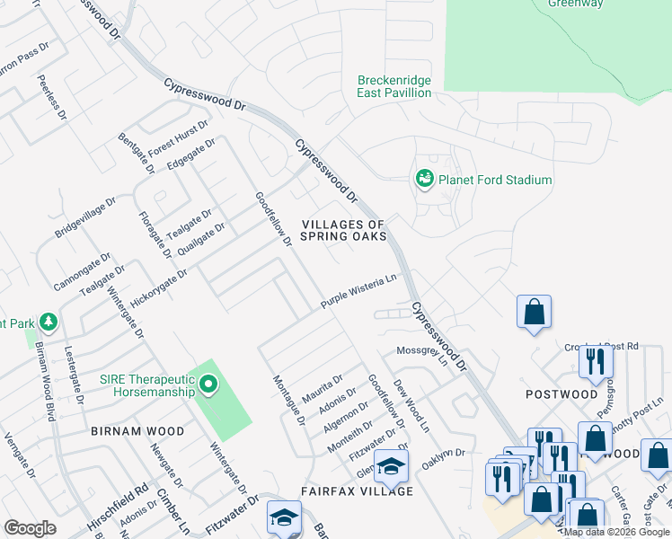 map of restaurants, bars, coffee shops, grocery stores, and more near 23607 Jasper Stone Court in Spring