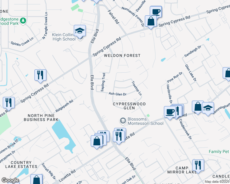 map of restaurants, bars, coffee shops, grocery stores, and more near 3624 Chessnut Glen Drive in Spring