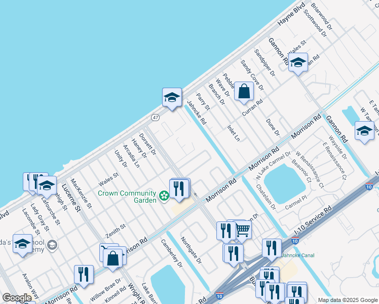 map of restaurants, bars, coffee shops, grocery stores, and more near 30 North Oak Ridge Court in New Orleans