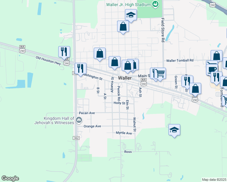 map of restaurants, bars, coffee shops, grocery stores, and more near 2611 Washington Street in Waller