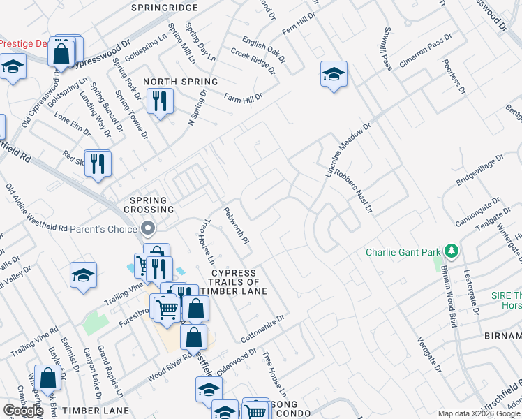 map of restaurants, bars, coffee shops, grocery stores, and more near 2403 Georgina Falls Drive in Spring