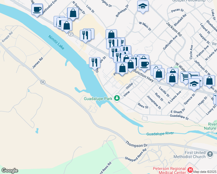 map of restaurants, bars, coffee shops, grocery stores, and more near 135 Plaza Drive in Kerrville