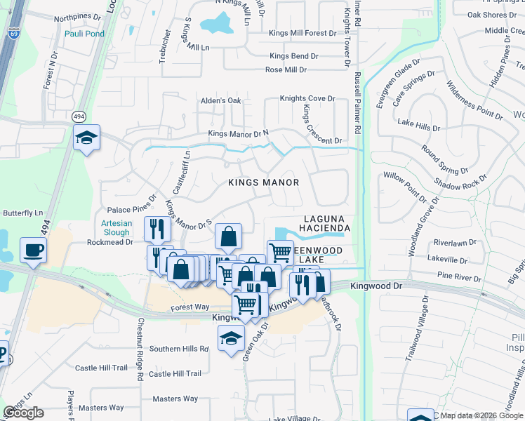 map of restaurants, bars, coffee shops, grocery stores, and more near 22020 Rye Hollow Lane in Harris County