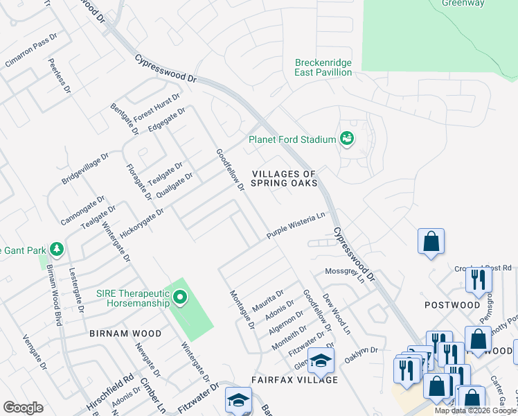 map of restaurants, bars, coffee shops, grocery stores, and more near 23662 Goodfellow Drive in Spring