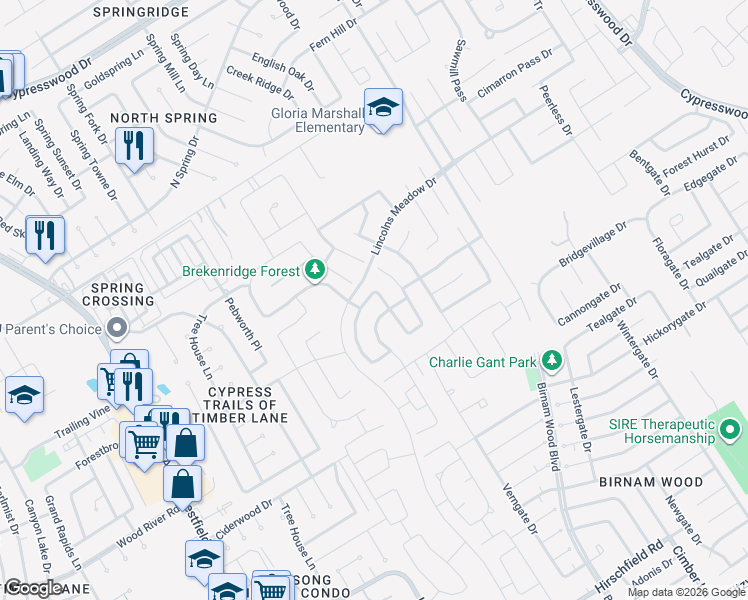 map of restaurants, bars, coffee shops, grocery stores, and more near 23403 Wedgewood Cliff Way in Spring