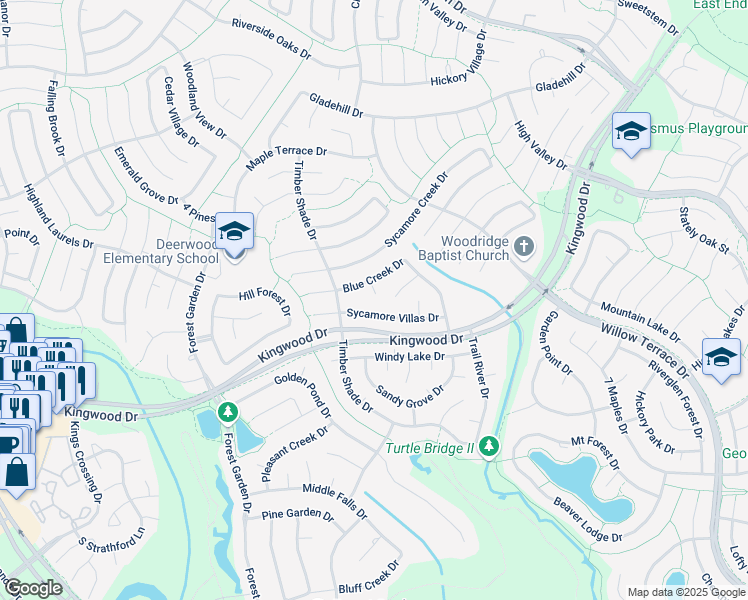 map of restaurants, bars, coffee shops, grocery stores, and more near 5210 Blue Creek Drive in Houston