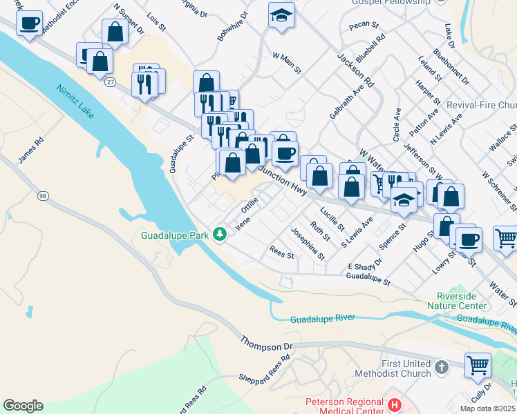 map of restaurants, bars, coffee shops, grocery stores, and more near 703B Editha Drive in Kerrville