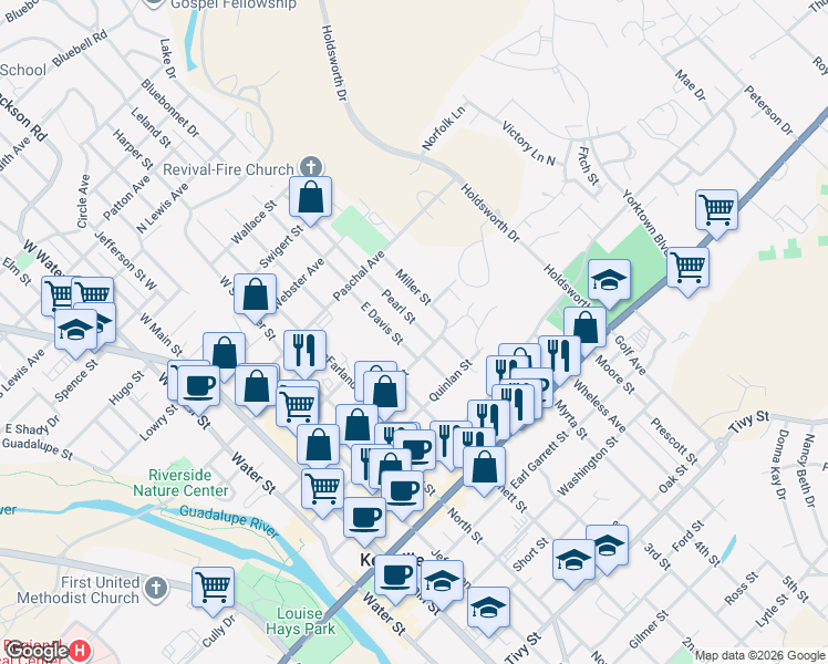 map of restaurants, bars, coffee shops, grocery stores, and more near 305 Pearl Street in Kerrville