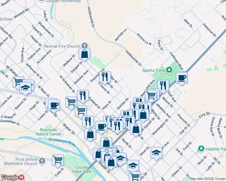 map of restaurants, bars, coffee shops, grocery stores, and more near 305 Pearl Street in Kerrville