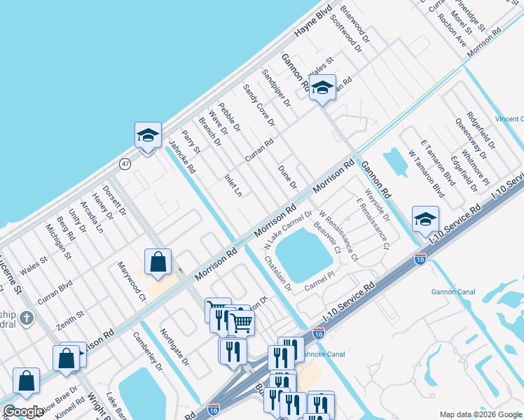 map of restaurants, bars, coffee shops, grocery stores, and more near 7550 Branch Drive in New Orleans