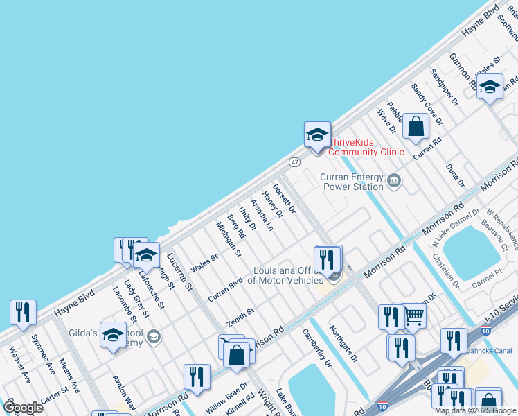 map of restaurants, bars, coffee shops, grocery stores, and more near 8043 Arcadia Lane in New Orleans