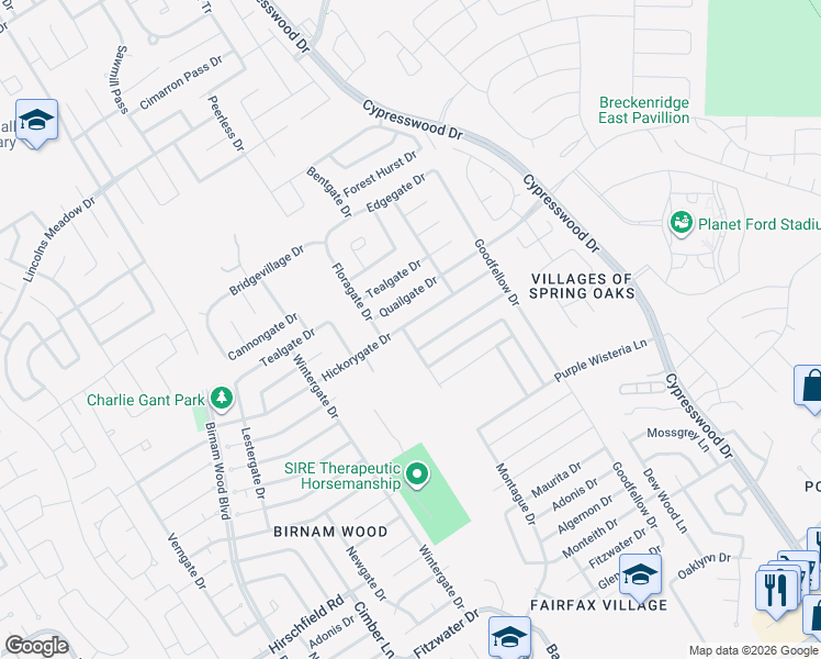 map of restaurants, bars, coffee shops, grocery stores, and more near 4822 Hickorygate Drive in Spring