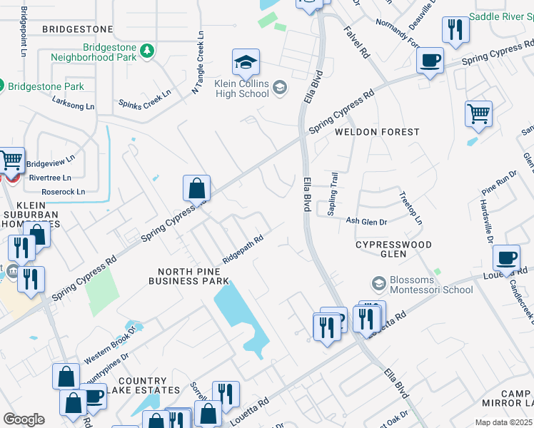 map of restaurants, bars, coffee shops, grocery stores, and more near 19118 Pine Lock Lane in Spring