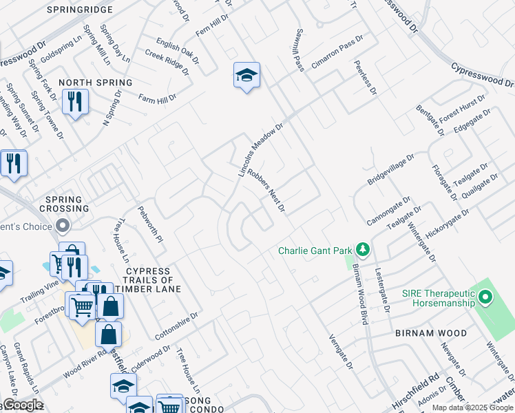 map of restaurants, bars, coffee shops, grocery stores, and more near 23203 Barrington Bluff Trail in Spring