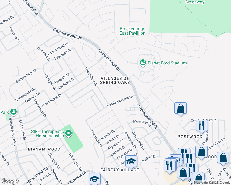 map of restaurants, bars, coffee shops, grocery stores, and more near 23606 Mesquite Trail Lane in Spring
