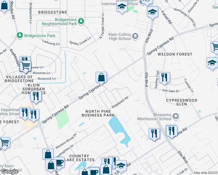 map of restaurants, bars, coffee shops, grocery stores, and more near 19318 Pine Lock Lane in Spring
