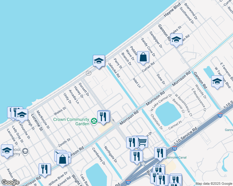 map of restaurants, bars, coffee shops, grocery stores, and more near 30 North Oak Ridge Court in New Orleans