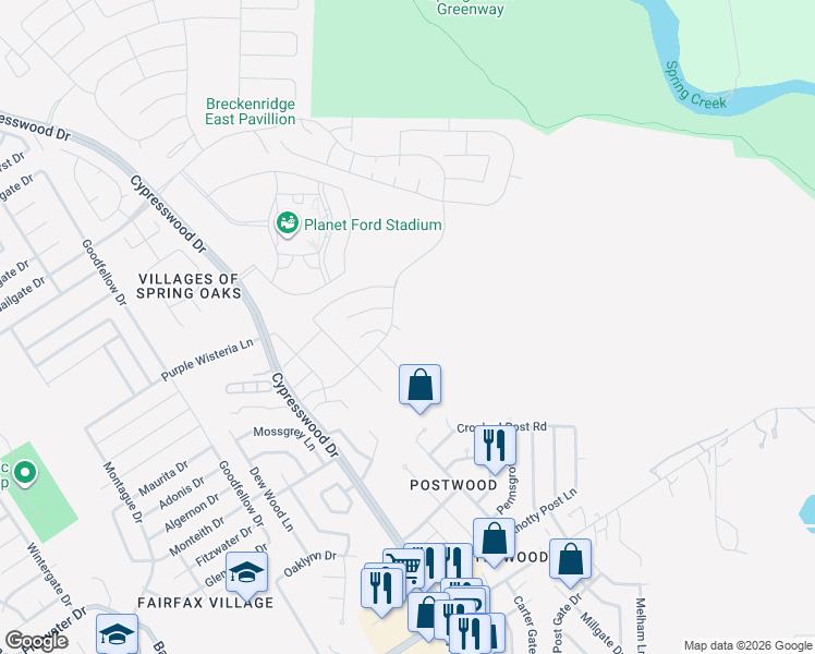 map of restaurants, bars, coffee shops, grocery stores, and more near 23417 Little Wind Lane in Spring