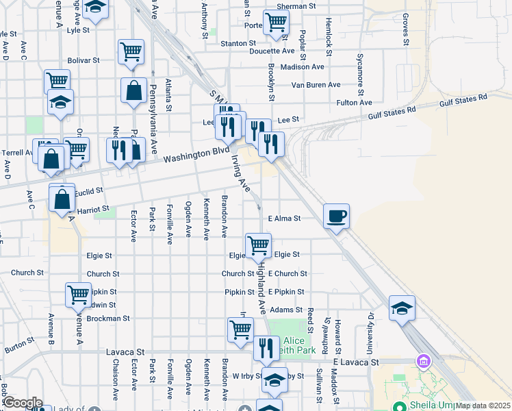 map of restaurants, bars, coffee shops, grocery stores, and more near 120 East Chapin Avenue in Beaumont
