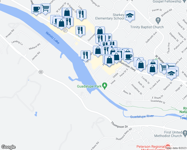 map of restaurants, bars, coffee shops, grocery stores, and more near 912 Guadalupe Street in Kerrville