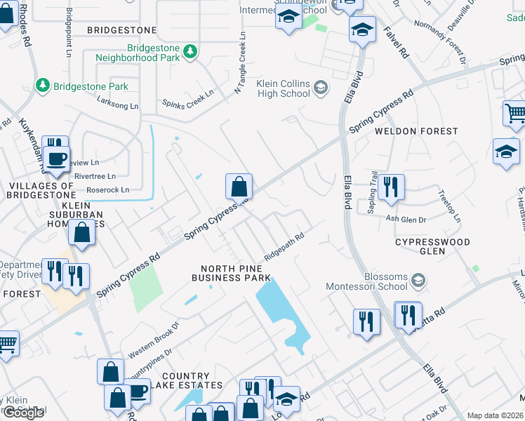map of restaurants, bars, coffee shops, grocery stores, and more near 19318 Pine Lock Lane in Spring