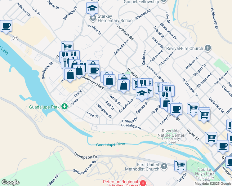 map of restaurants, bars, coffee shops, grocery stores, and more near 511 Texas 27 in Kerrville