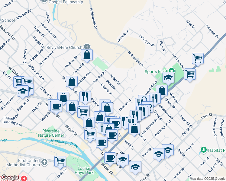 map of restaurants, bars, coffee shops, grocery stores, and more near 305 Pearl Street in Kerrville