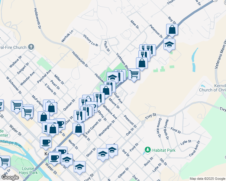 map of restaurants, bars, coffee shops, grocery stores, and more near 1200 Sidney Baker Street in Kerrville